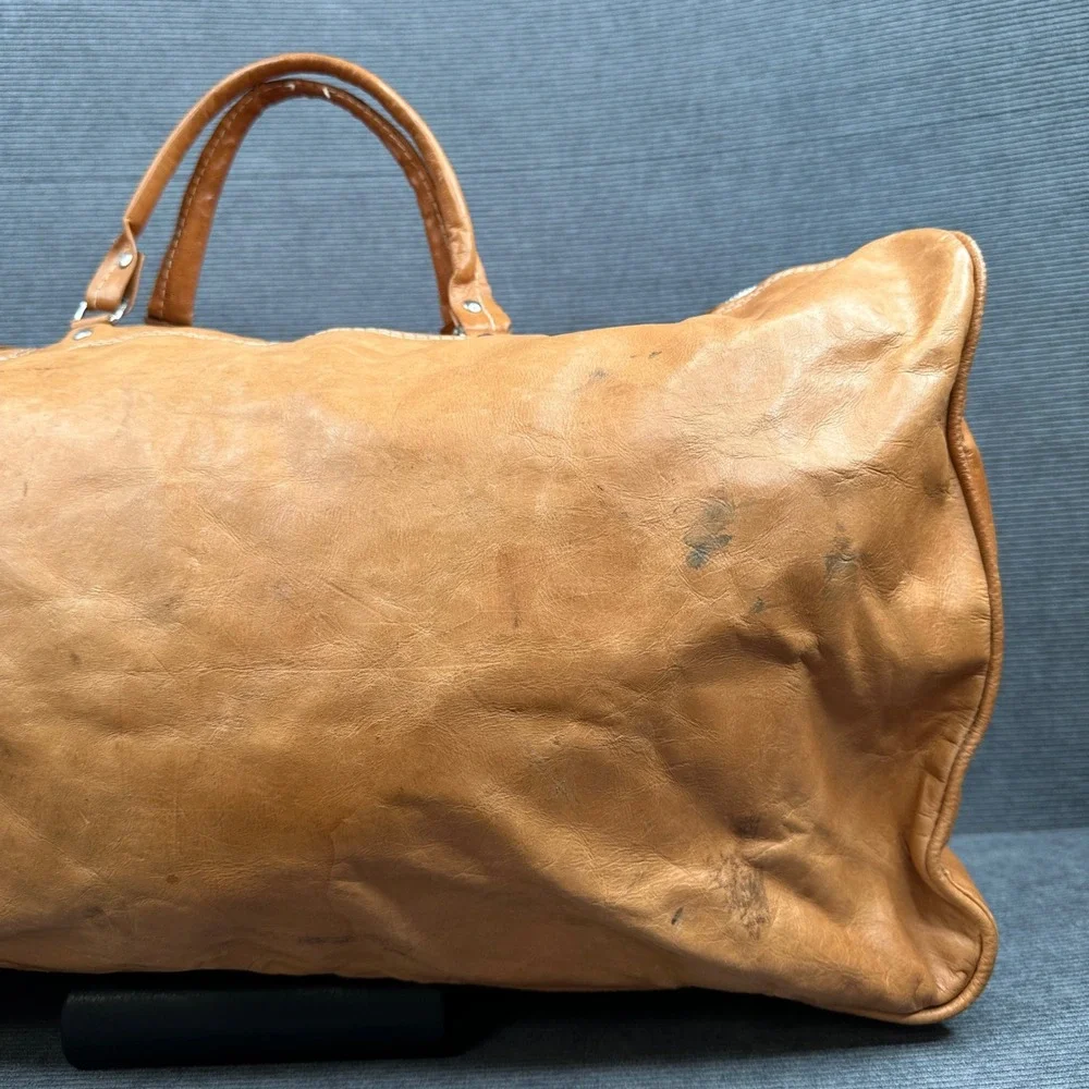 Vintage Hand Tooled Leather Duffel Bag Tan Floral Western Travel Weekender Bag